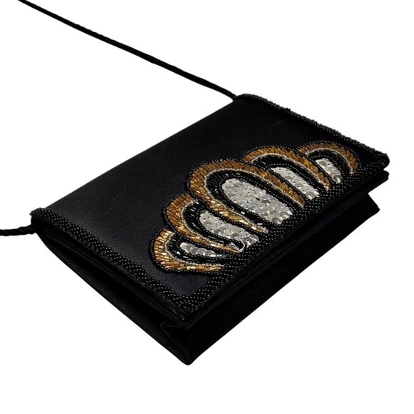 VTG Small Evening Bag Black Satin Embellished Beaded Sequins Event Glam - Picture 3 of 10